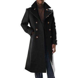 Men's Black Trench Coat Notch Lapel Slim Fit Double Breasted Long Pea Coat